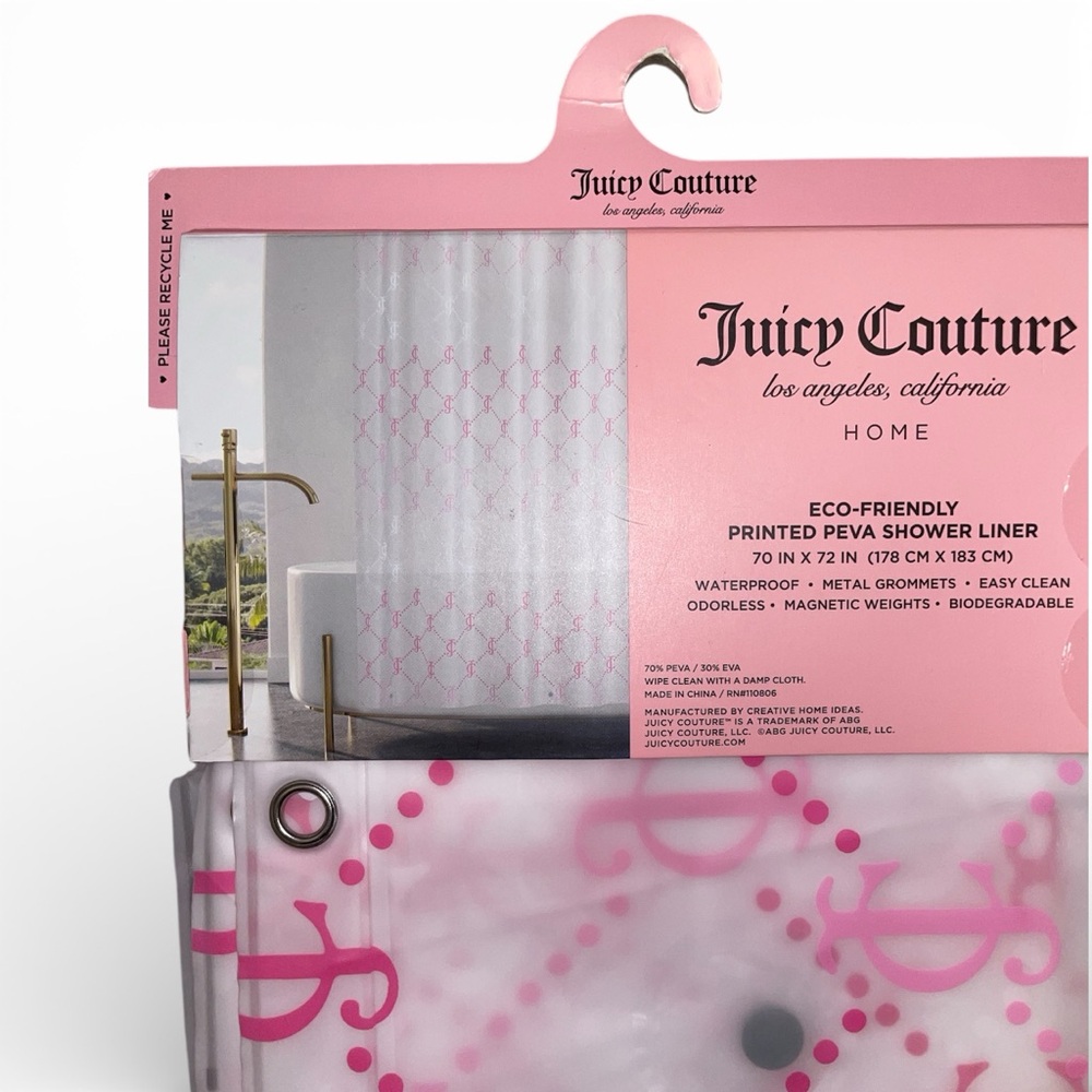 🩷Juicy Couture Pink Patterned Shower Curtain/Liner with Logo - Picture 2 of 3